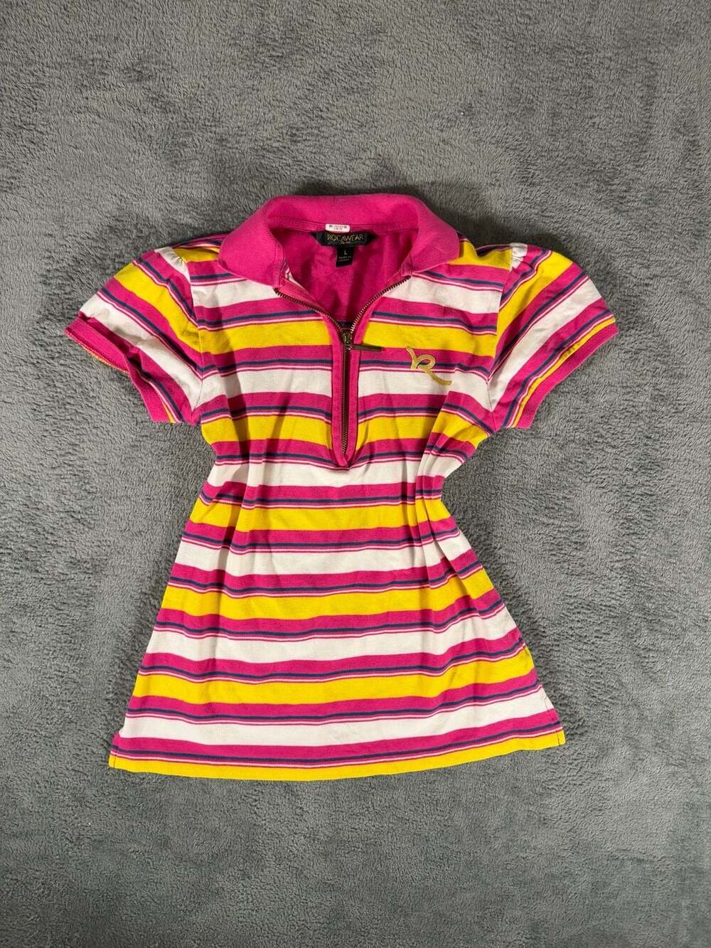 Rocawear Striped Zip Polo Size L Pink Yellow Short Sleeve